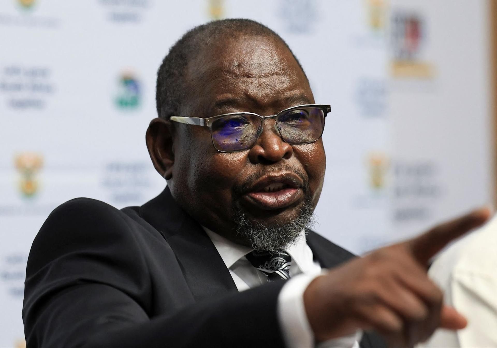 South Africa’s Finance Minister Enoch Godongwana speaks at a press conference ahead of his 2025 budget speech.