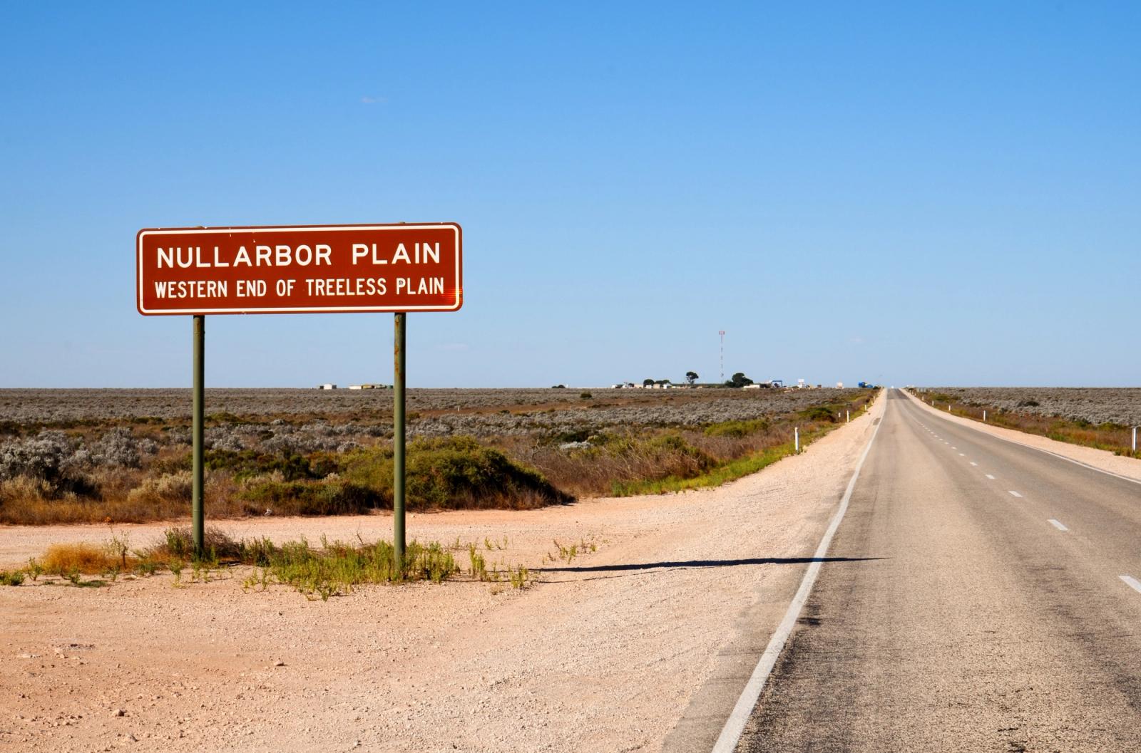 Nullarbor Plain sign on Eyre Highway near Nullarbor, South Australia.