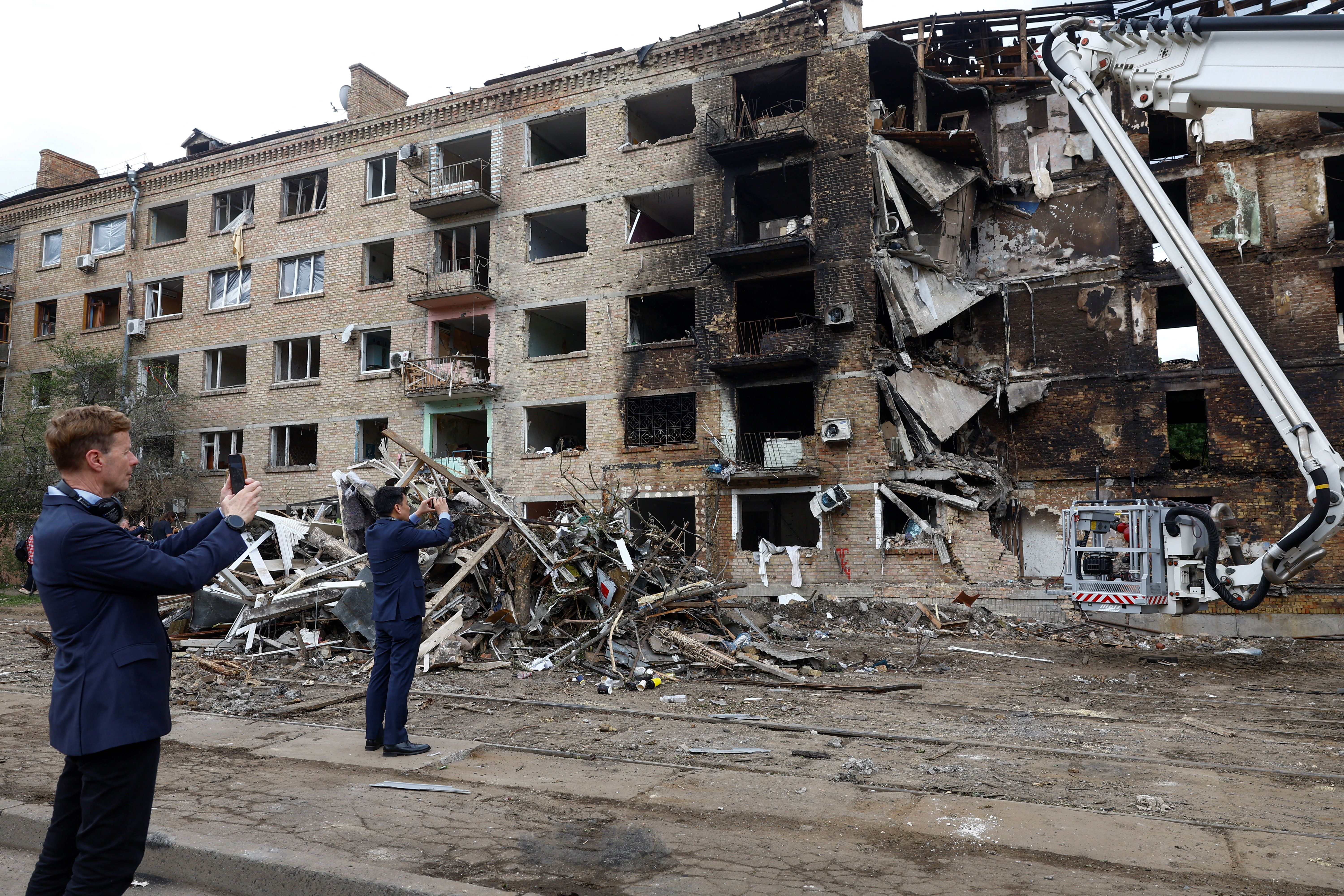 Aftermath of a recent Russian missile and drone attack in Kyiv.
