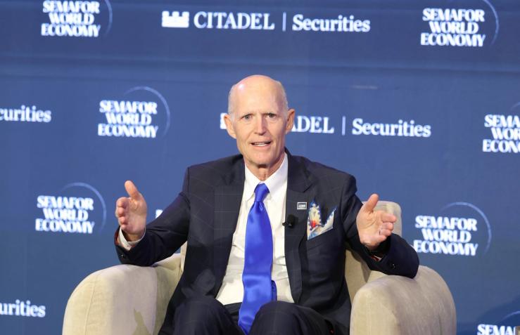 Sen. Rick Scott speaks on stage during Semafor World Economy 2026