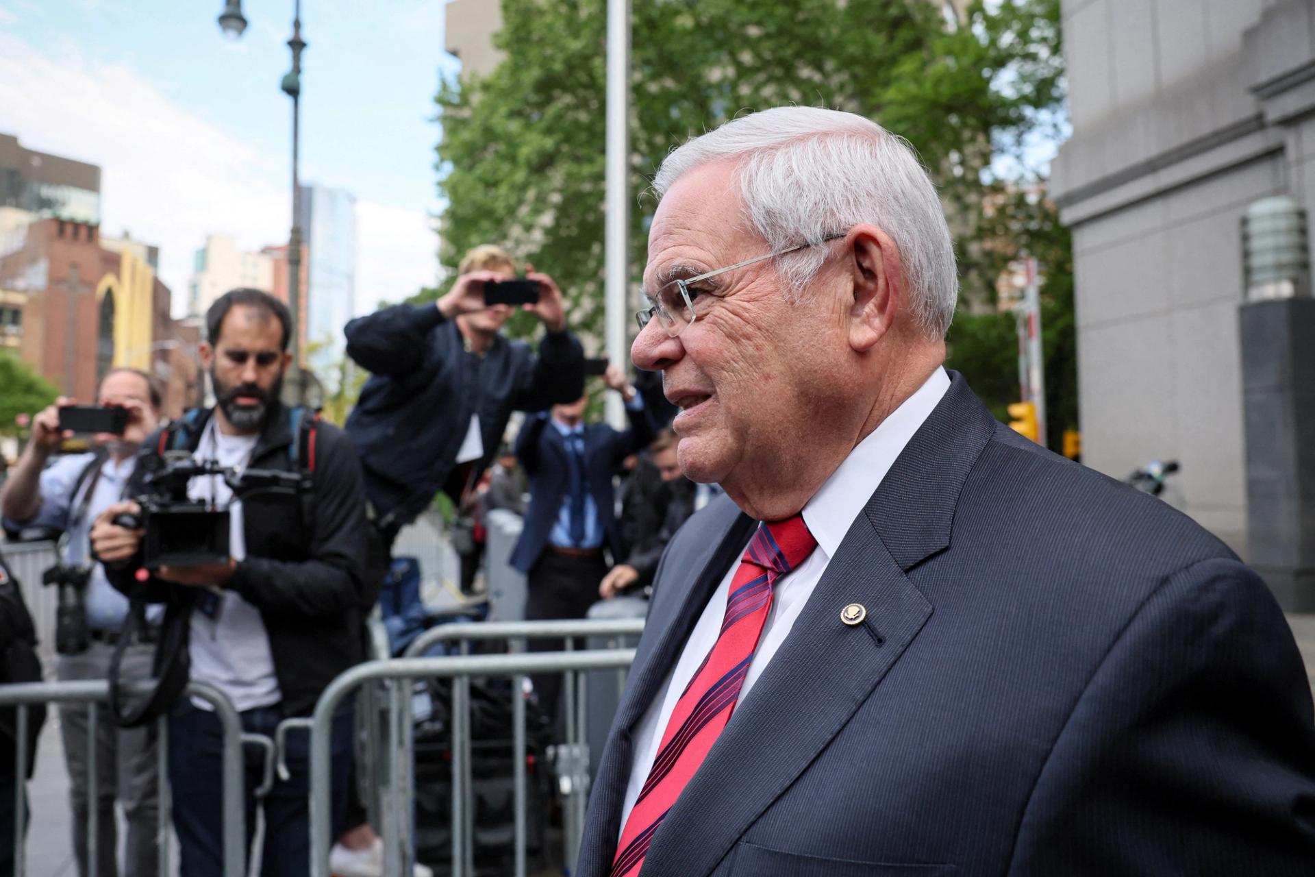 Sen. Bob Menendez exits Federal Court after the first day of his bribery trial on May 13, 2024.