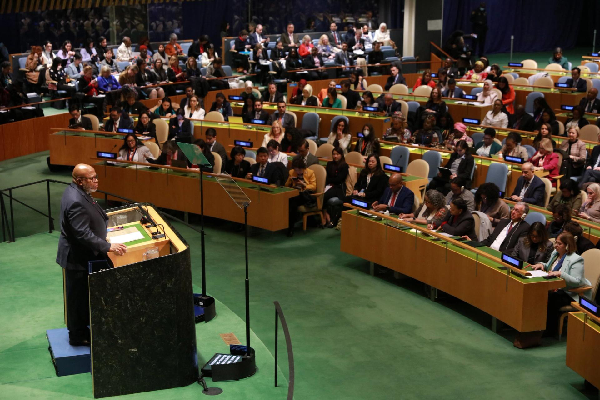 The president of the General Assembly Dennis Francis L addresses the opening of the 68th session of the Commission on the Status of Women CSW at the UN headquarters in New York, on March 11, 2024. 