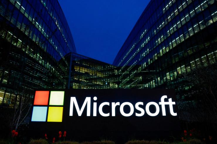 A view shows a Microsoft logo at Microsoft offices in Issy-les-Moulineaux near Paris, France