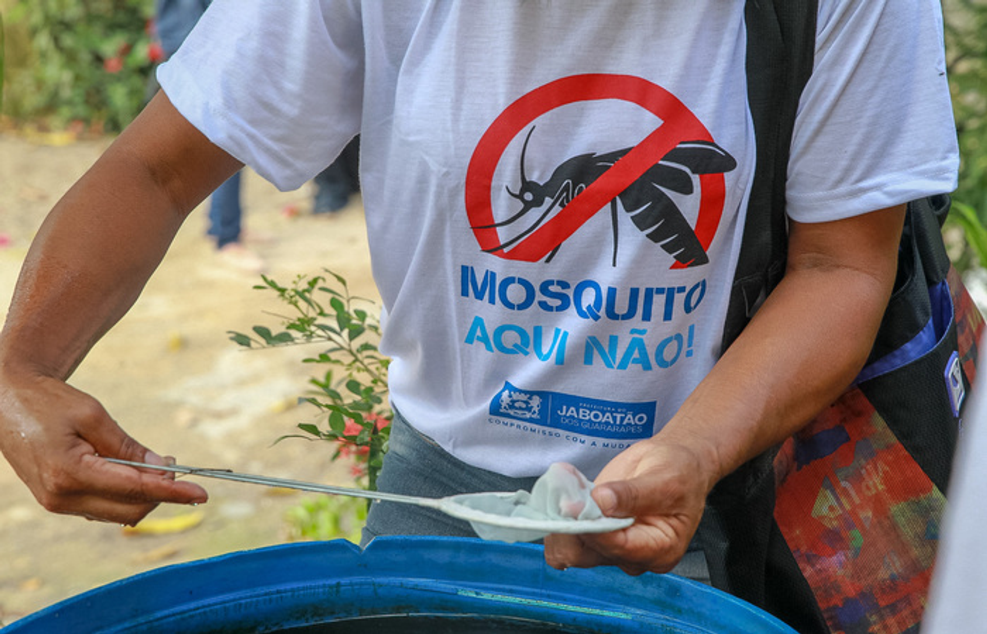 A person wearing a shirt warning of the risks of mosquito-borne dengue in Latin America.