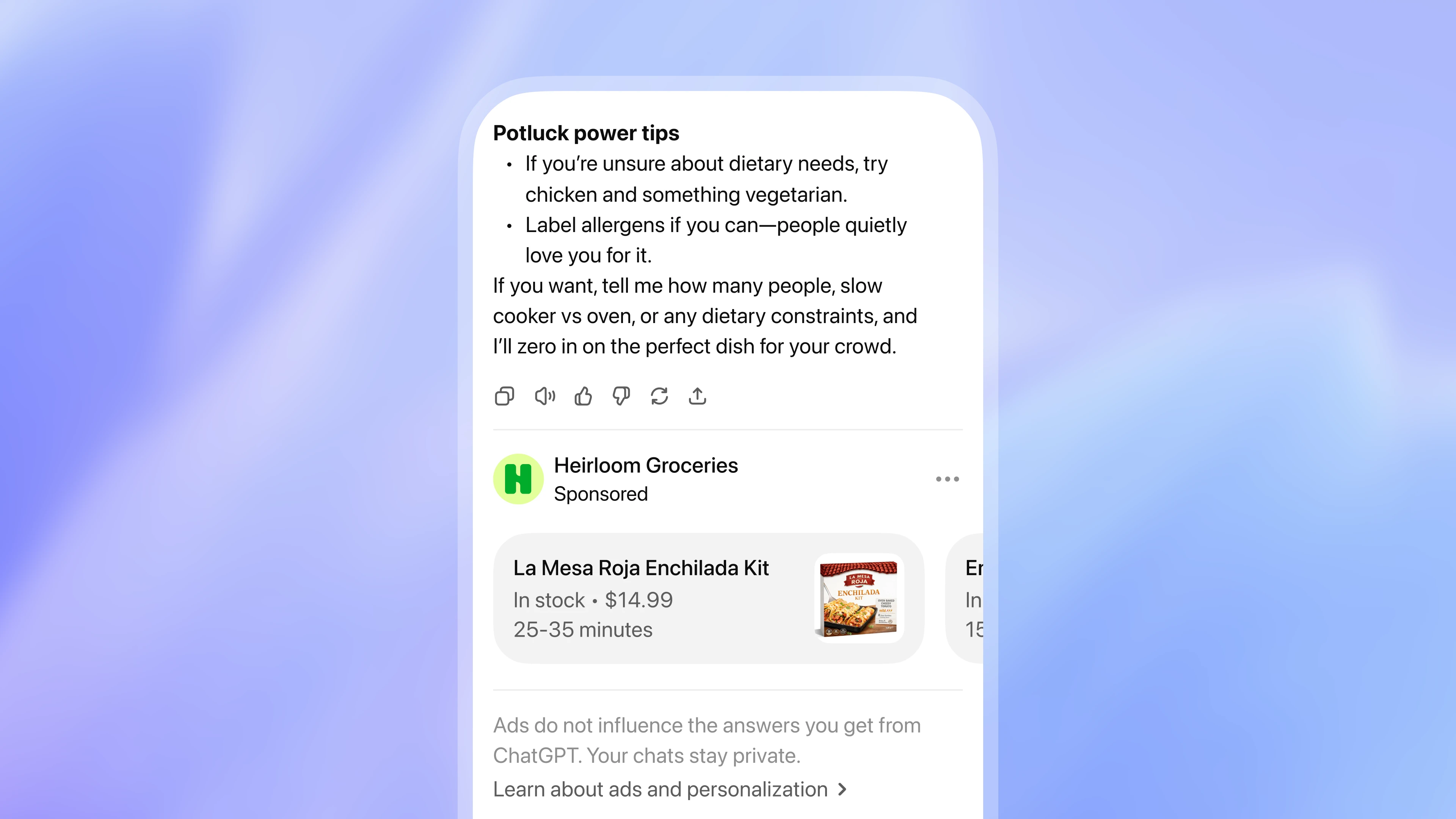 A screenshot of what ads look like on ChatGPT.