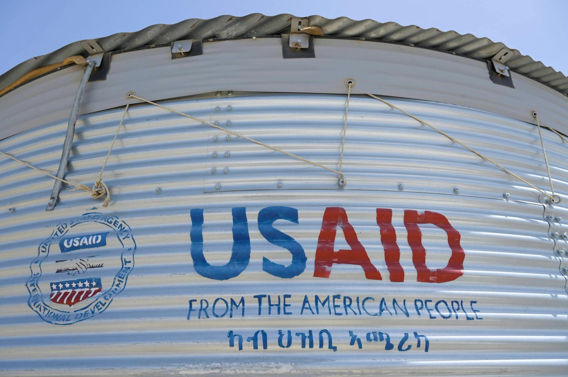 A water tank donated by USAID to people in Ethiopia displaced by war. 