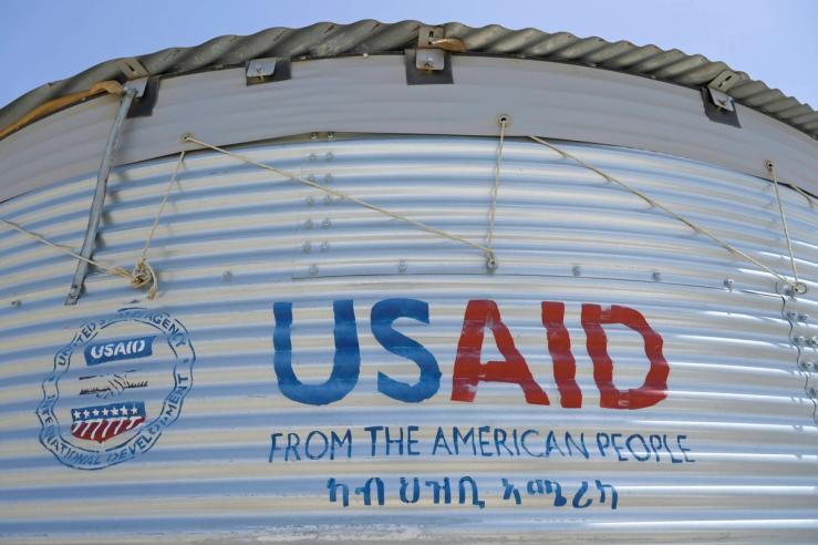 A water tank donated by USAID to people in Ethiopia displaced by war.