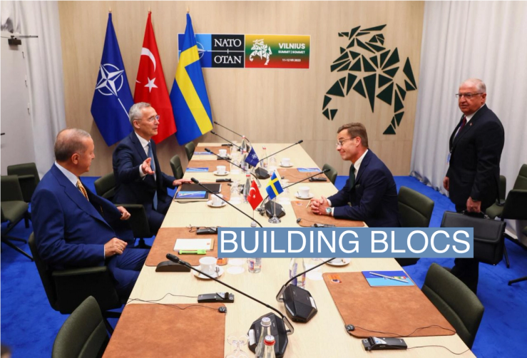 NATO Secretary-General Jens Stoltenberg, Turkish President Tayyip Erdogan, Swedish Prime Minister Ulf Kristersson and Turkish Defense Minister Yasar Guler attend a meeting, on the eve of a NATO summit, in Vilnius, Lithuania July 10, 2023. REUTERS/Yves Herman/Pool