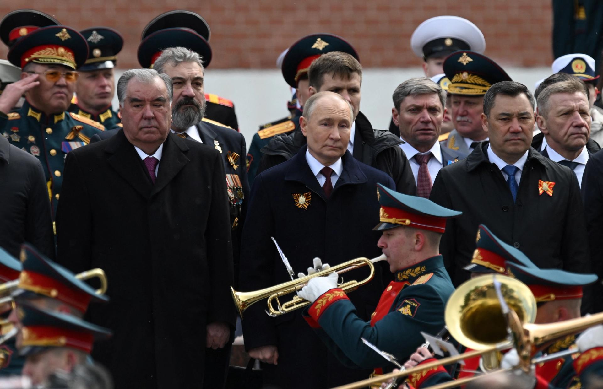 Tajik President Emomali Rakhmon, Russian President Vladimir Putin and Kyrgyz President Sadyr Japarov take part in a flower-laying ceremony at the Tomb of the Unknown Soldier on Victory Day, which marks the 79th anniversary of the victory over Nazi Germany in World War Two, in central Moscow, Russia, May 9, 2024. Sputnik/Maxim Blinov