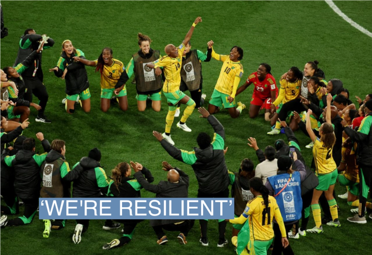 August 2, 2023 Jamaica’s Deneisha Blackwood celebrates with teammates after the match as Jamaica qualify for the knockout stages of the World Cup REUTERS/Asanka Brendon Ratnayake TPX IMAGES OF THE DAY
