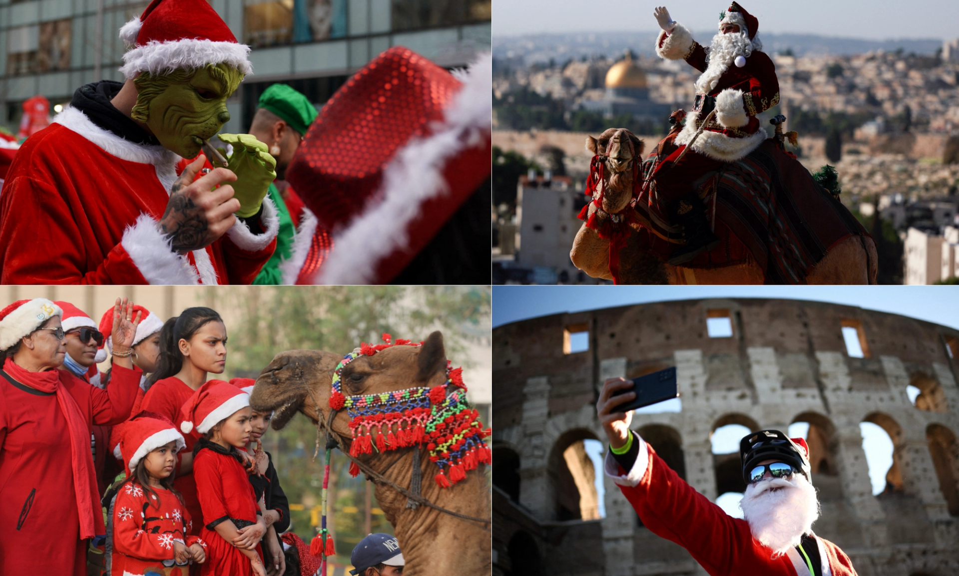 Clockwise from top left: Santas in New York, Jerusalem, Rome, Karachi 