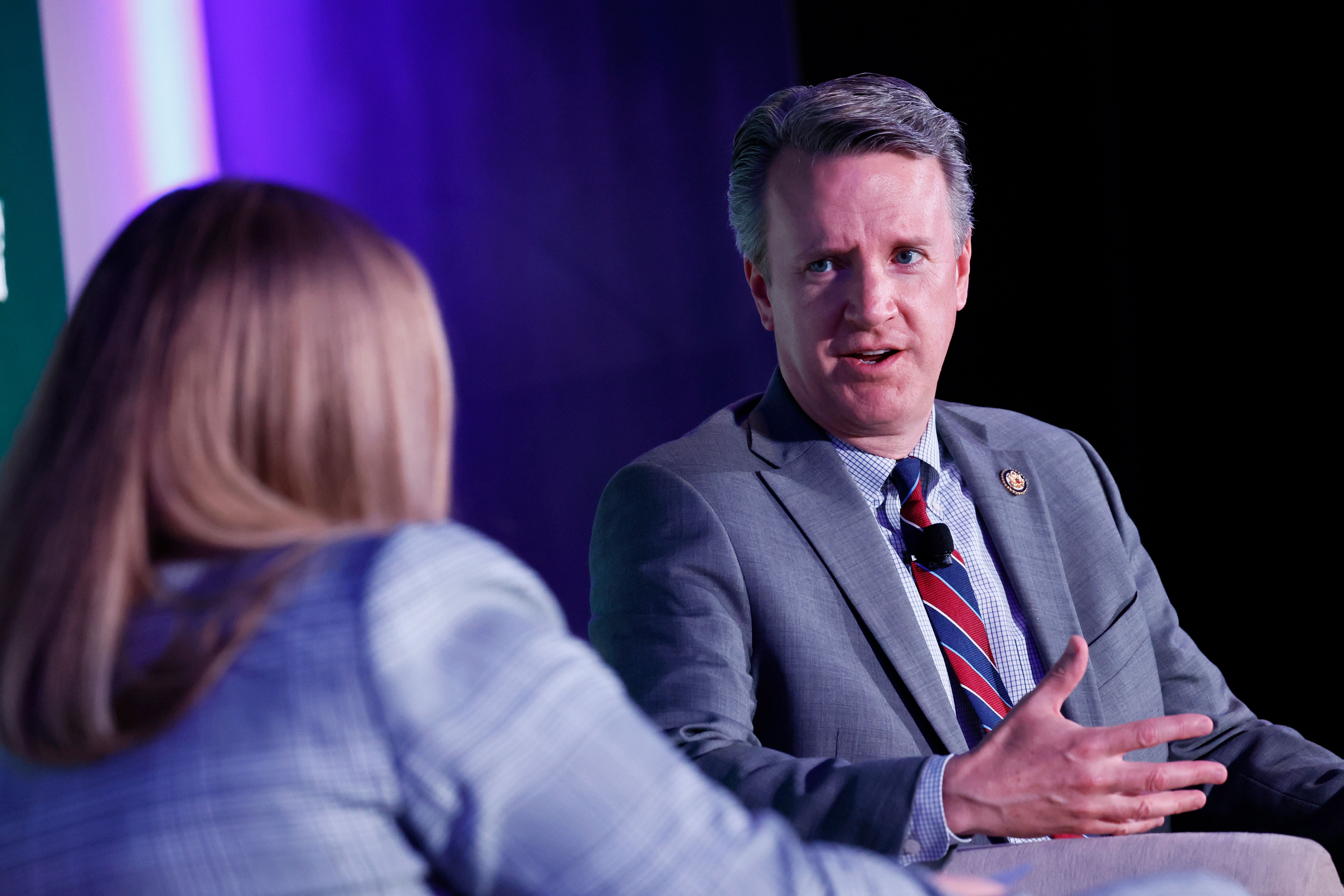 Eleanor Mueller, Congress Reporter, Semafor and Rep. Ben Cline, R-Va, speak onstage during the Semafor World Economy Summit Fall Edition