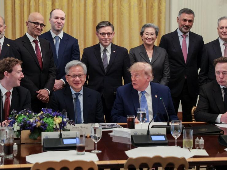 Tech leaders at an event with US President Donald Trump.