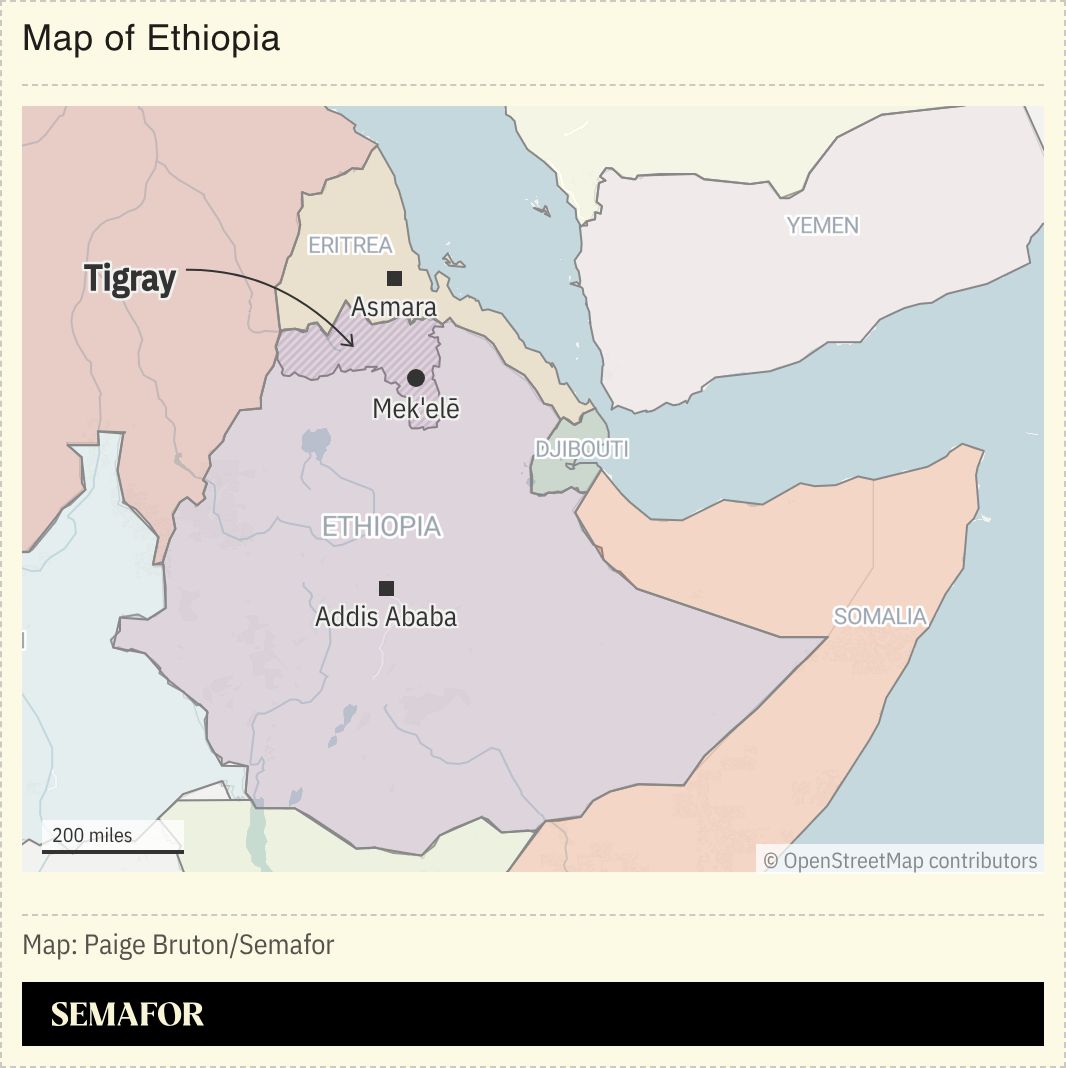 A map of the Horn of Africa, highlighting Ethiopia’s Tigray region.
