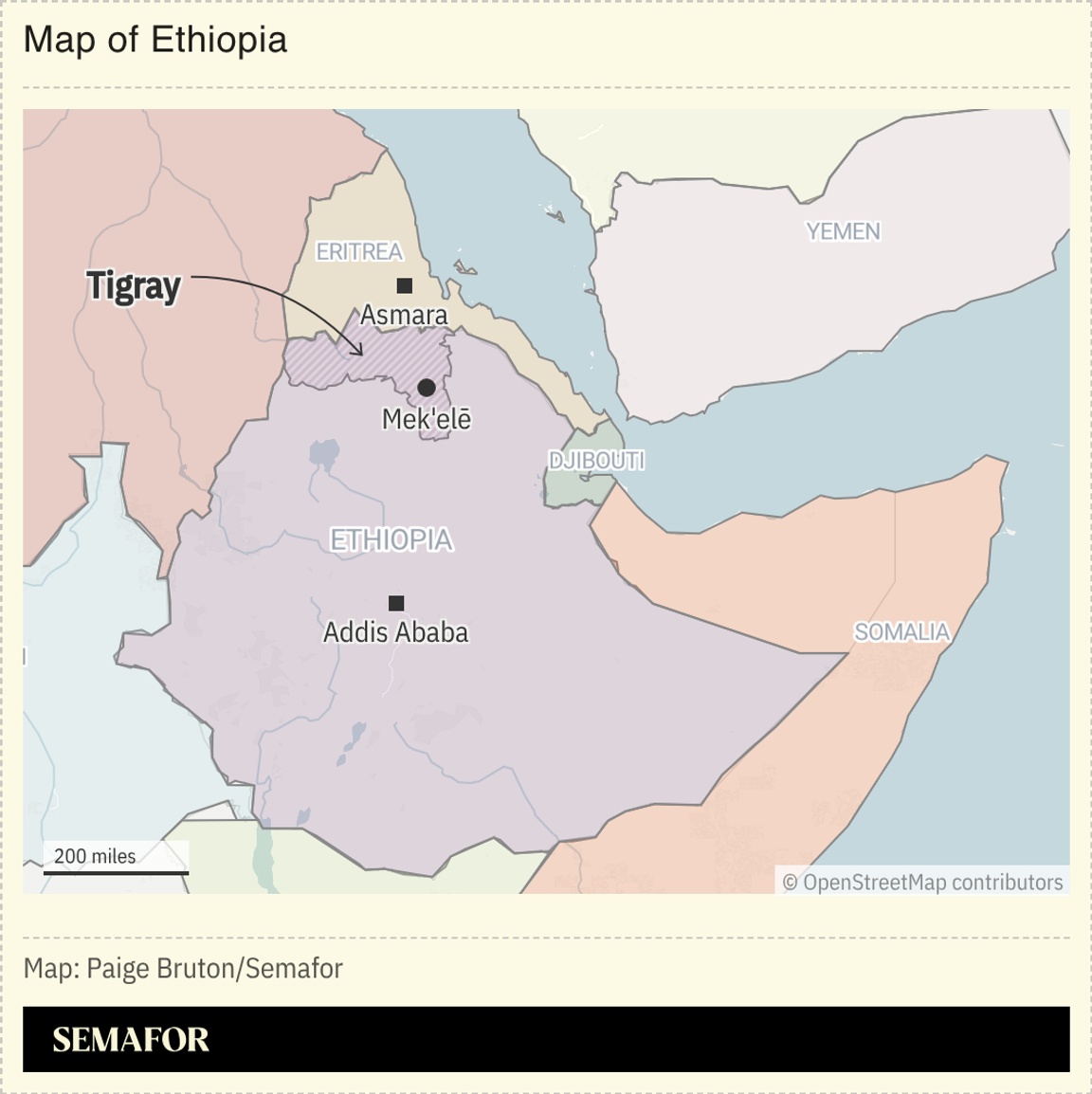 A map of the Horn of Africa, highlighting Ethiopia’s Tigray region.