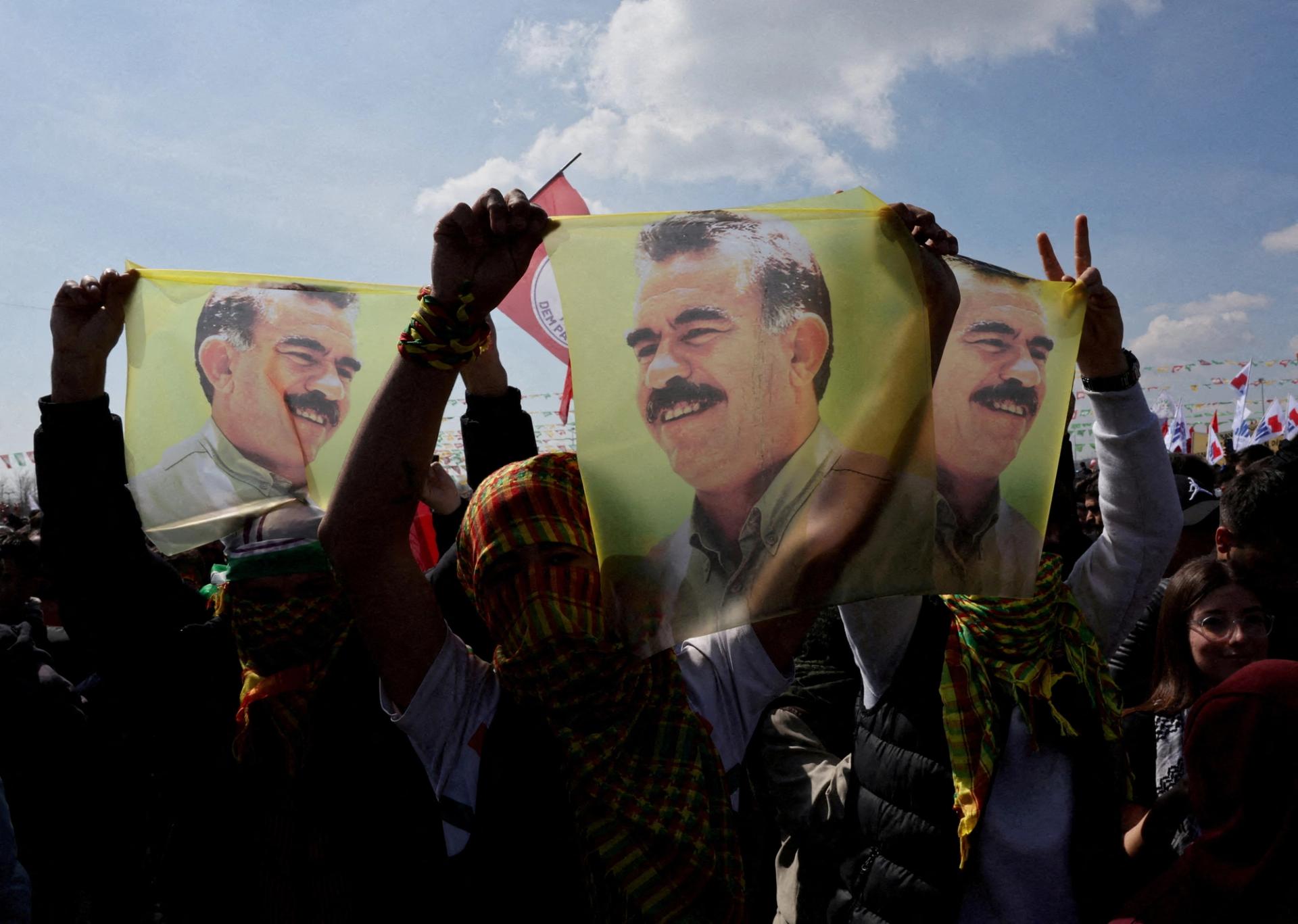 Supporters of pro-Kurdish Peoples’ Equality and Democracy Party (DEM Party) display flags with a portrait of jailed Kurdistan Workers Party (PKK) leader Abdullah Ocalan.