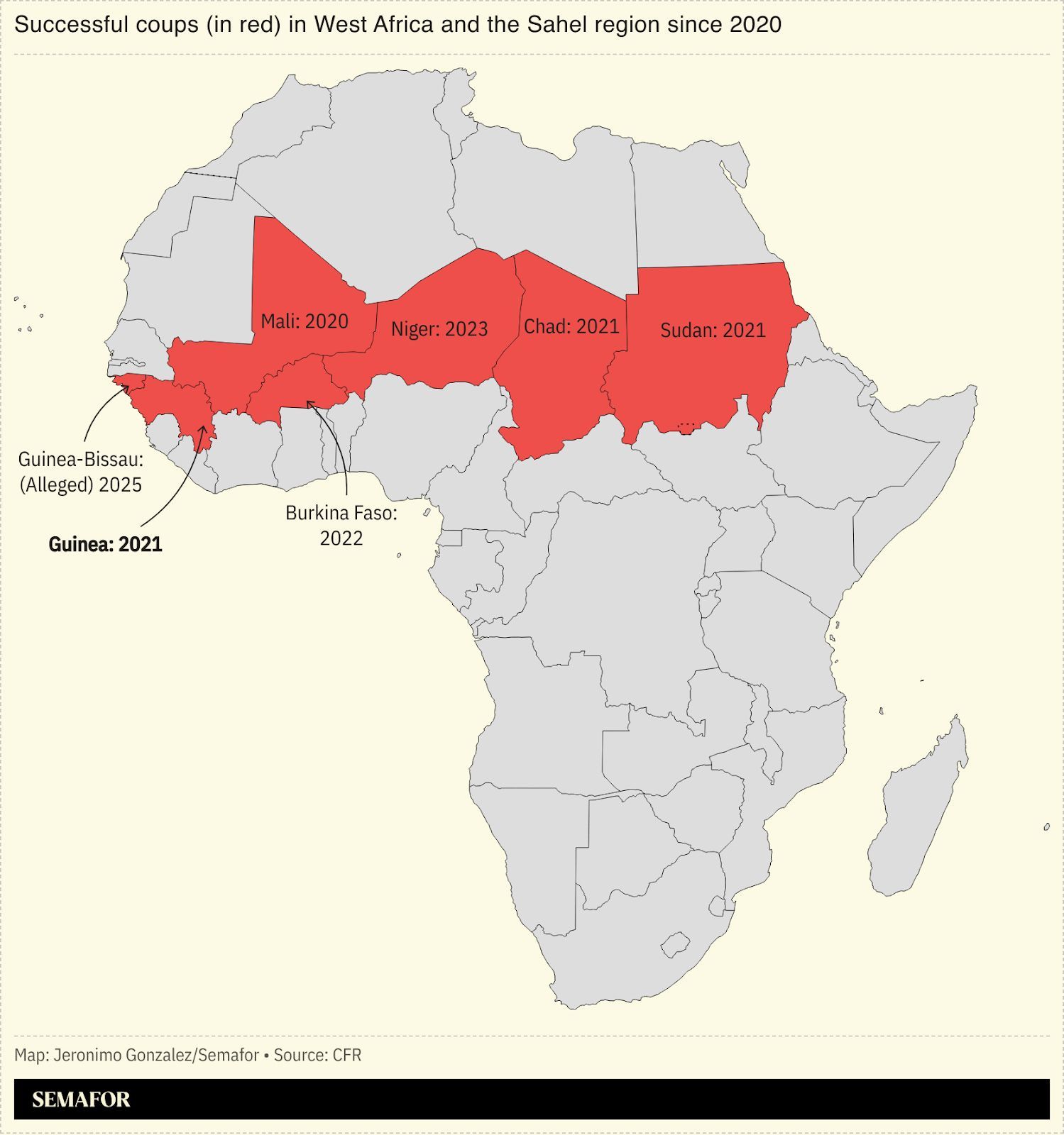 A map looking at the coups in West Africa and the Sahel. 