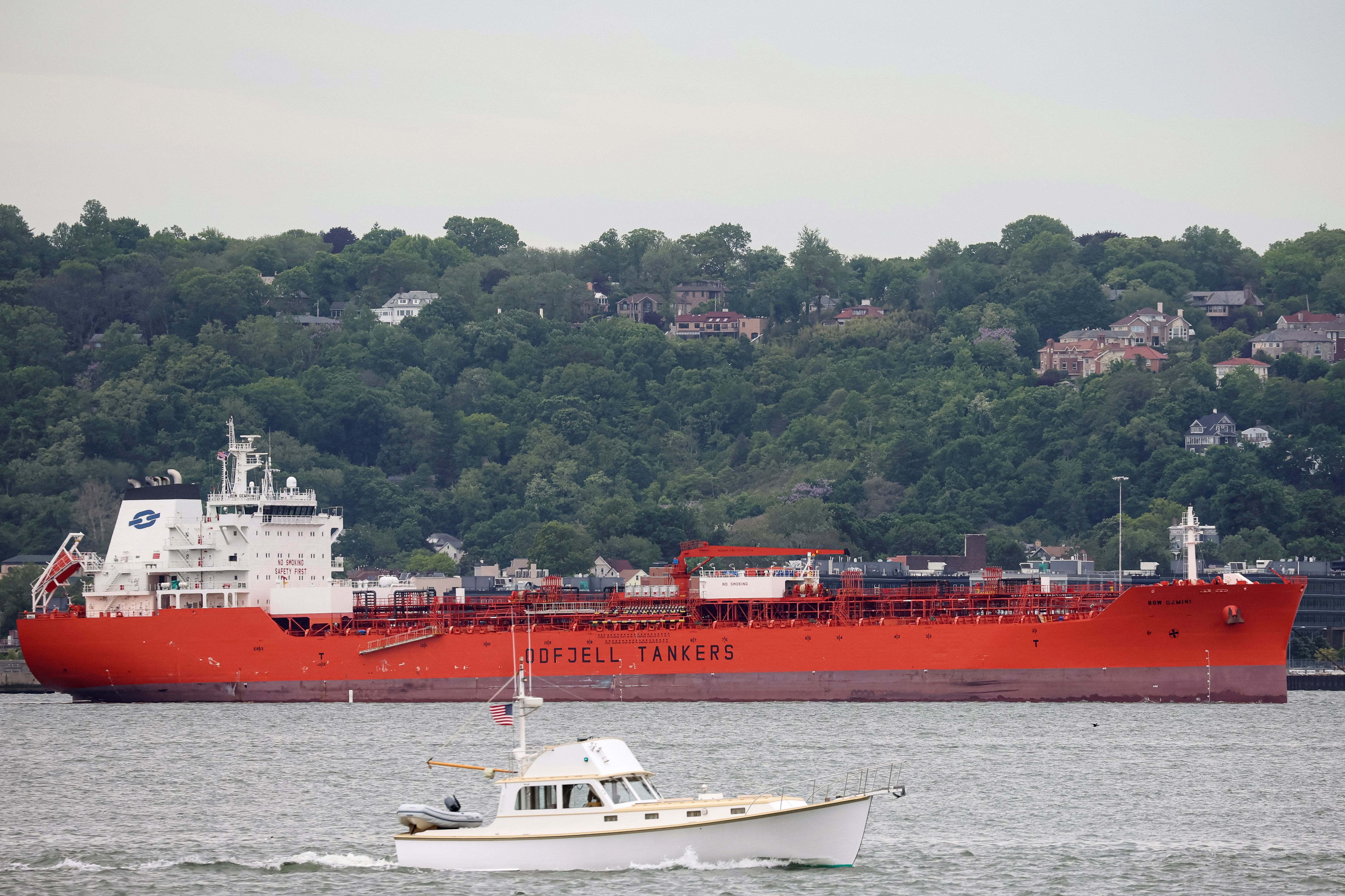 The Bow Gemini, an oil tanker, is seen anchored in New York Harbor in New York City.