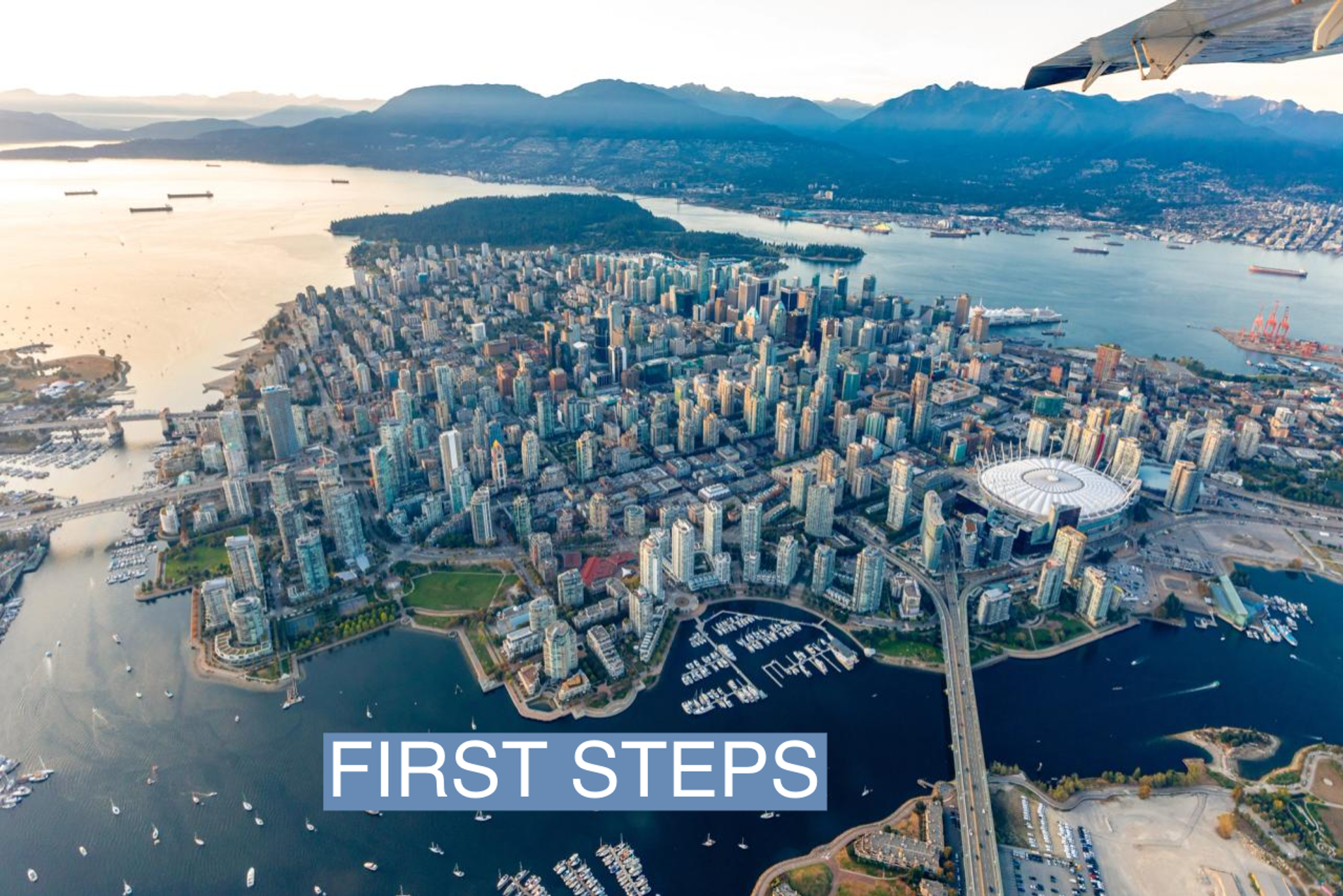 An aerial photograph of downtown Vancouver.