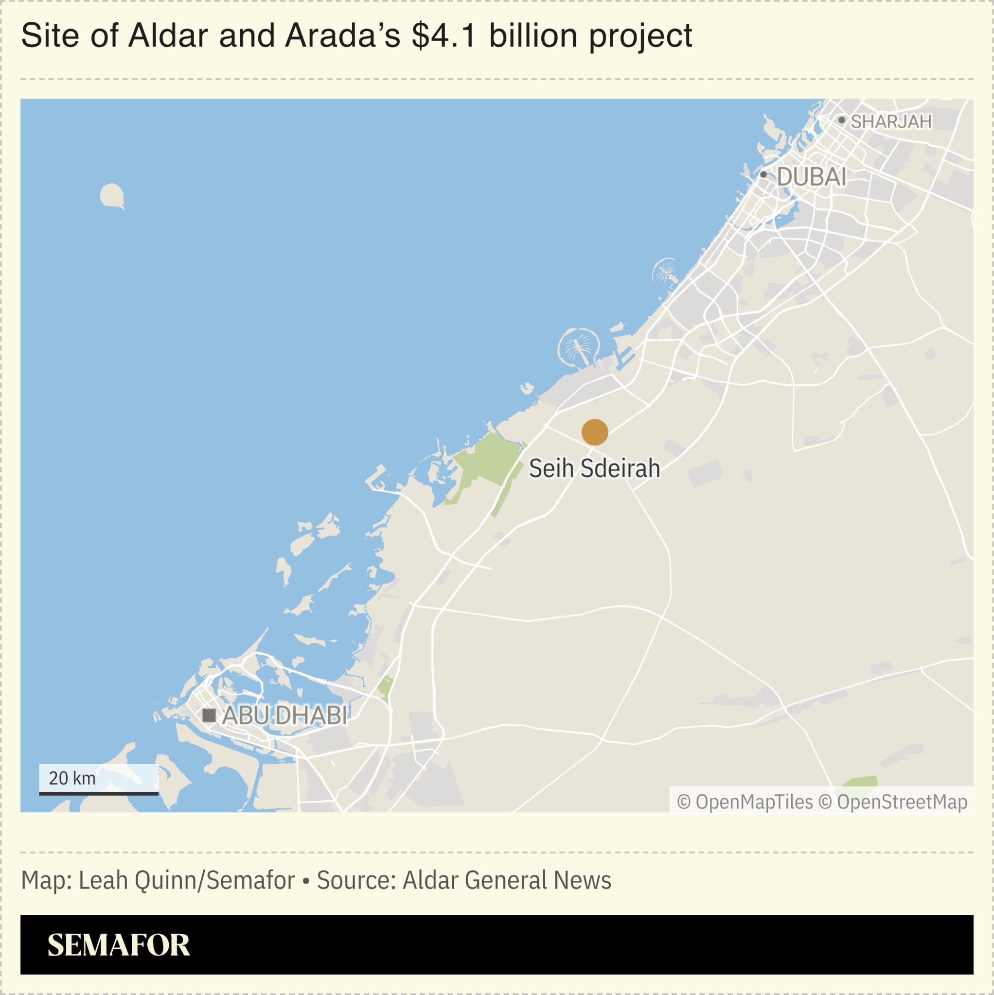 A map of the site of Aldar and Arada’s $4.1 billion project. 