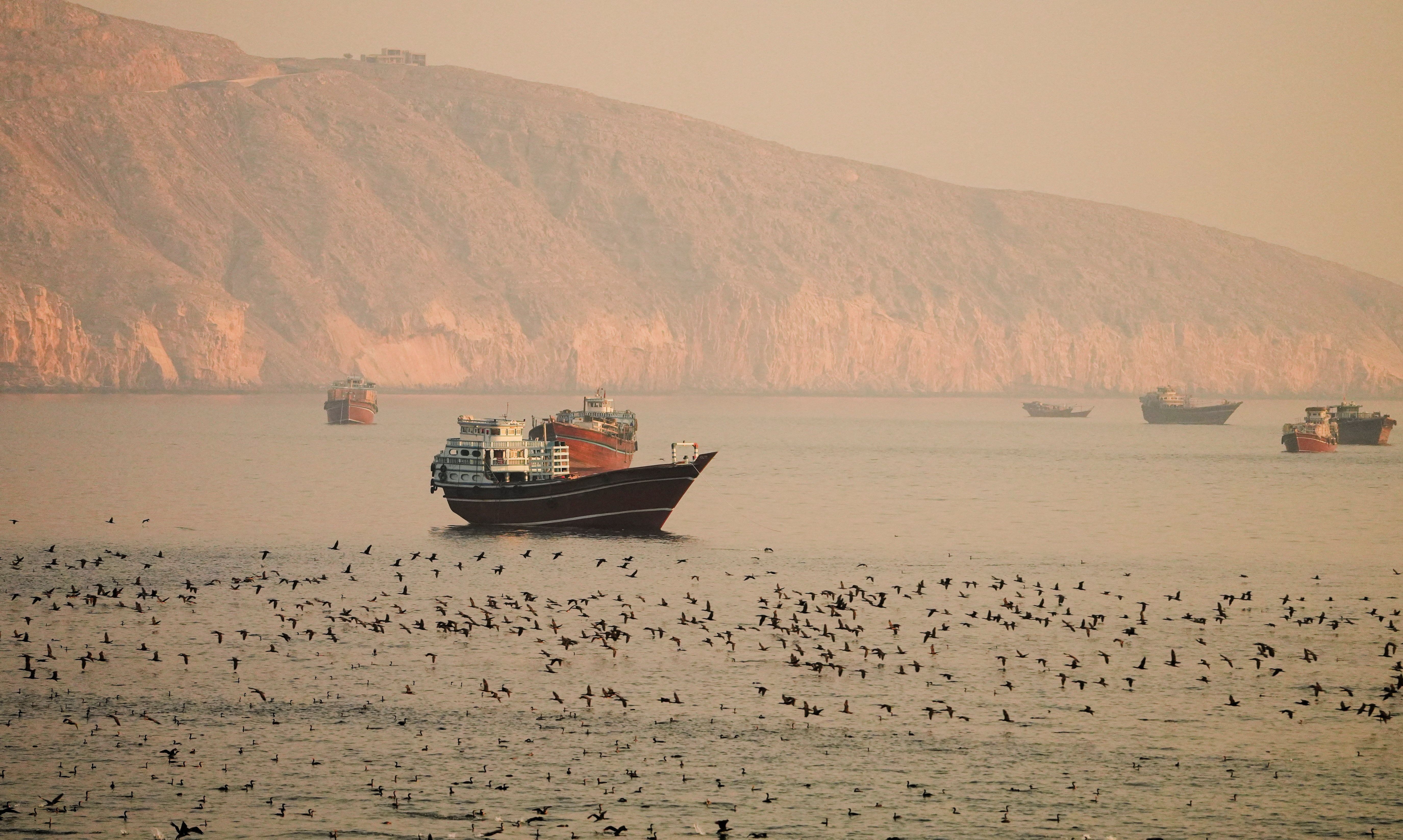 Vessels at the Strait of Hormuz, as seen from Musandam.