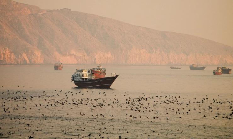 Vessels at the Strait of Hormuz, as seen from Musandam.