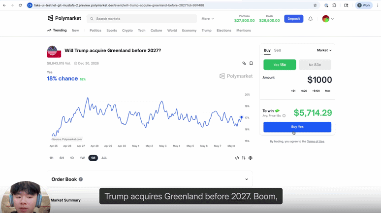 A gif showing a bet being placed on Polymarket’s mock website