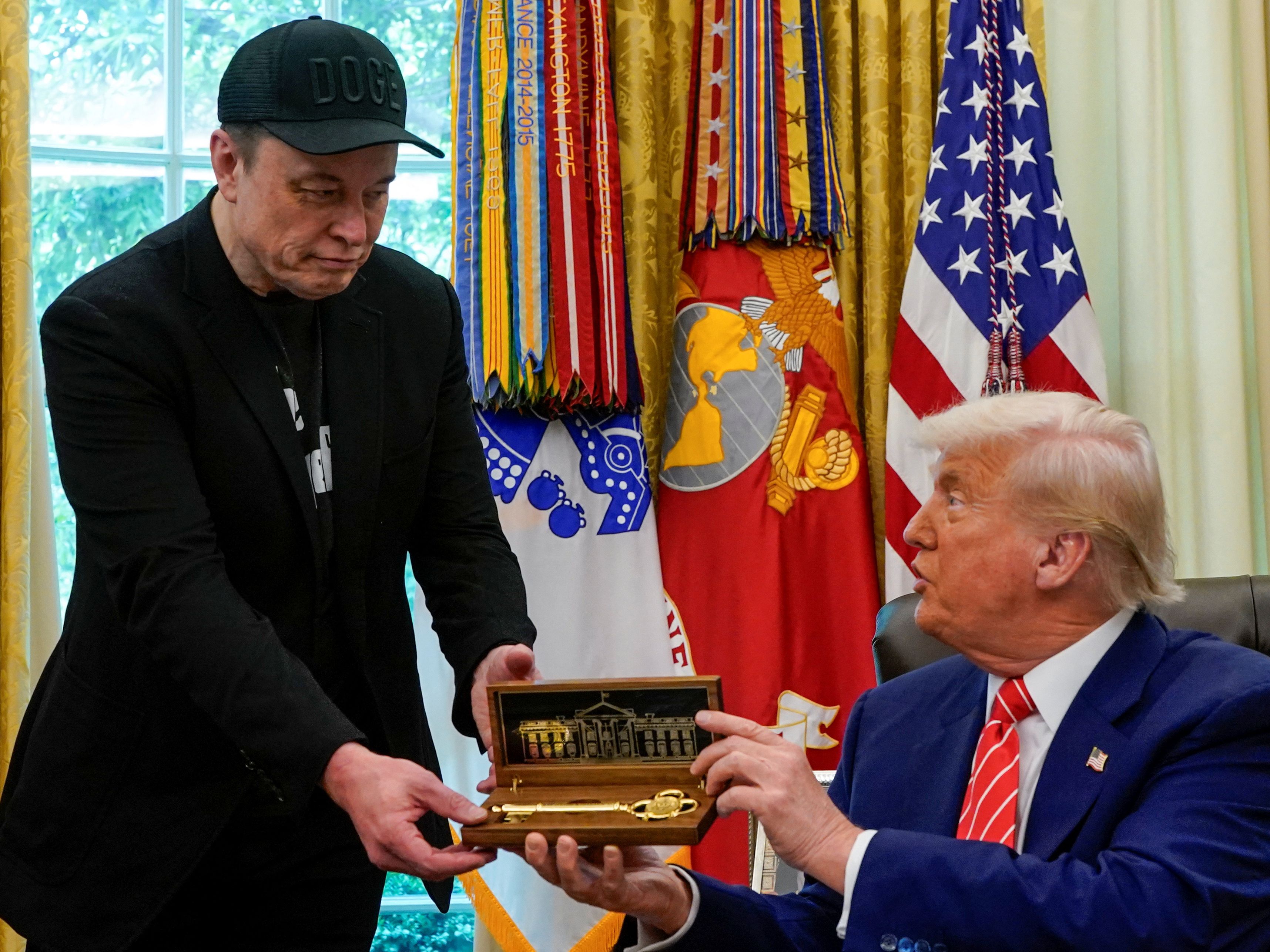 during a press conference in the Oval Office at the White House, in Washington, D.C., U.S., 