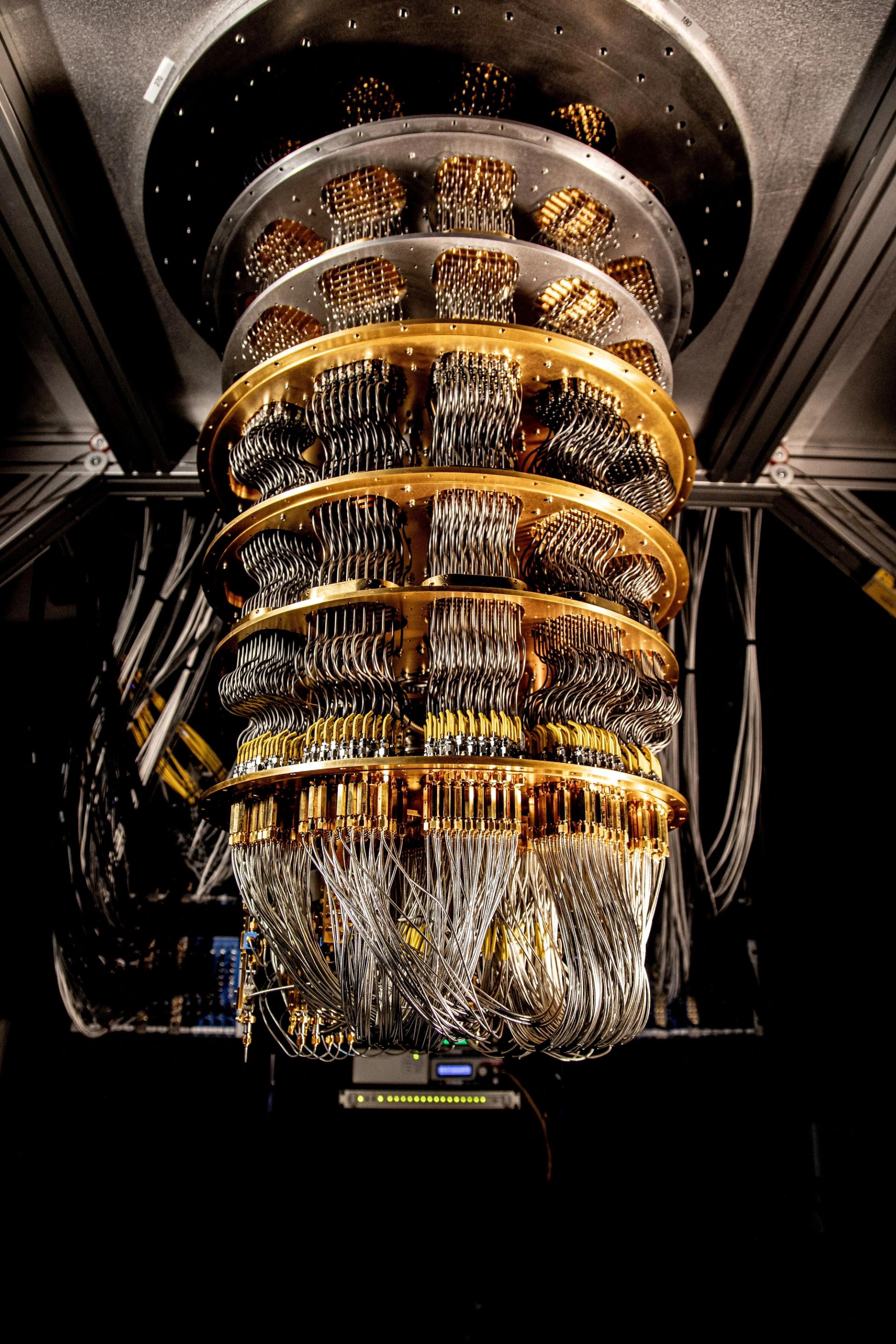 A cryostat refrigerator for cooling quantum computing chips is displayed at Google’s Quantum AI lab in Santa Barbara.