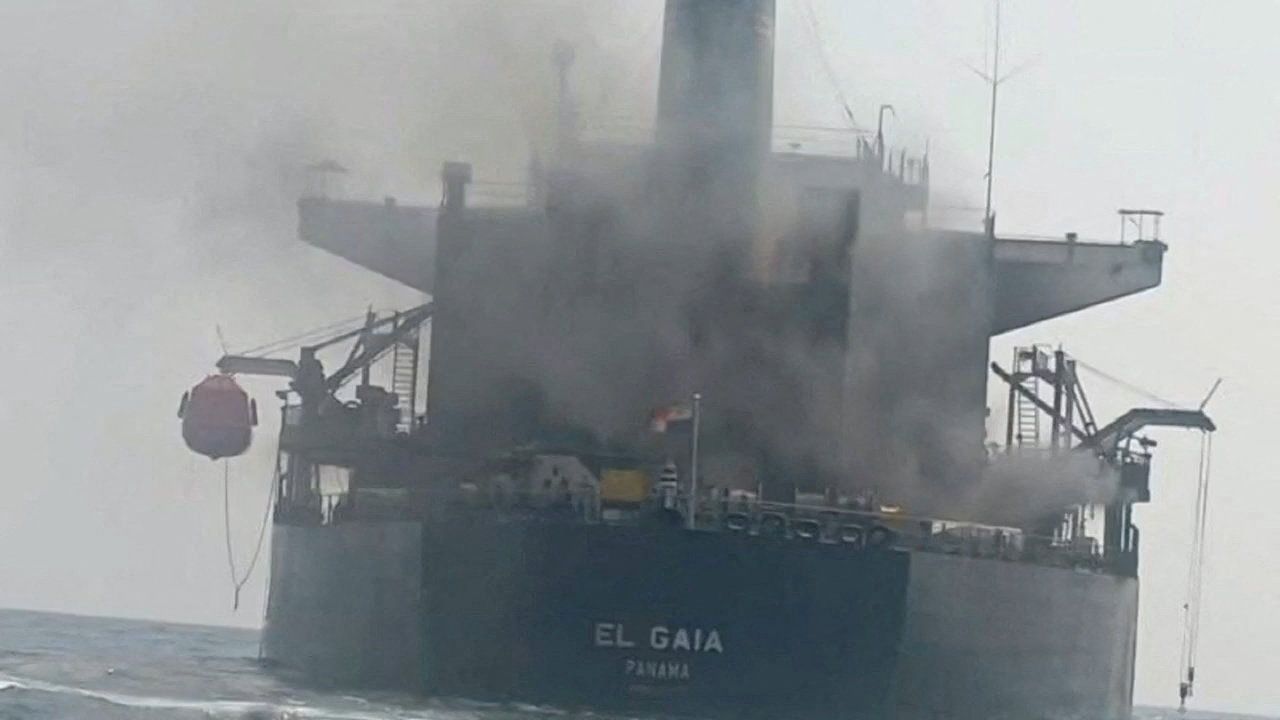 An image of a Panamanian-flagged oil tanker following an incident in the Strait of Hormuz in September.