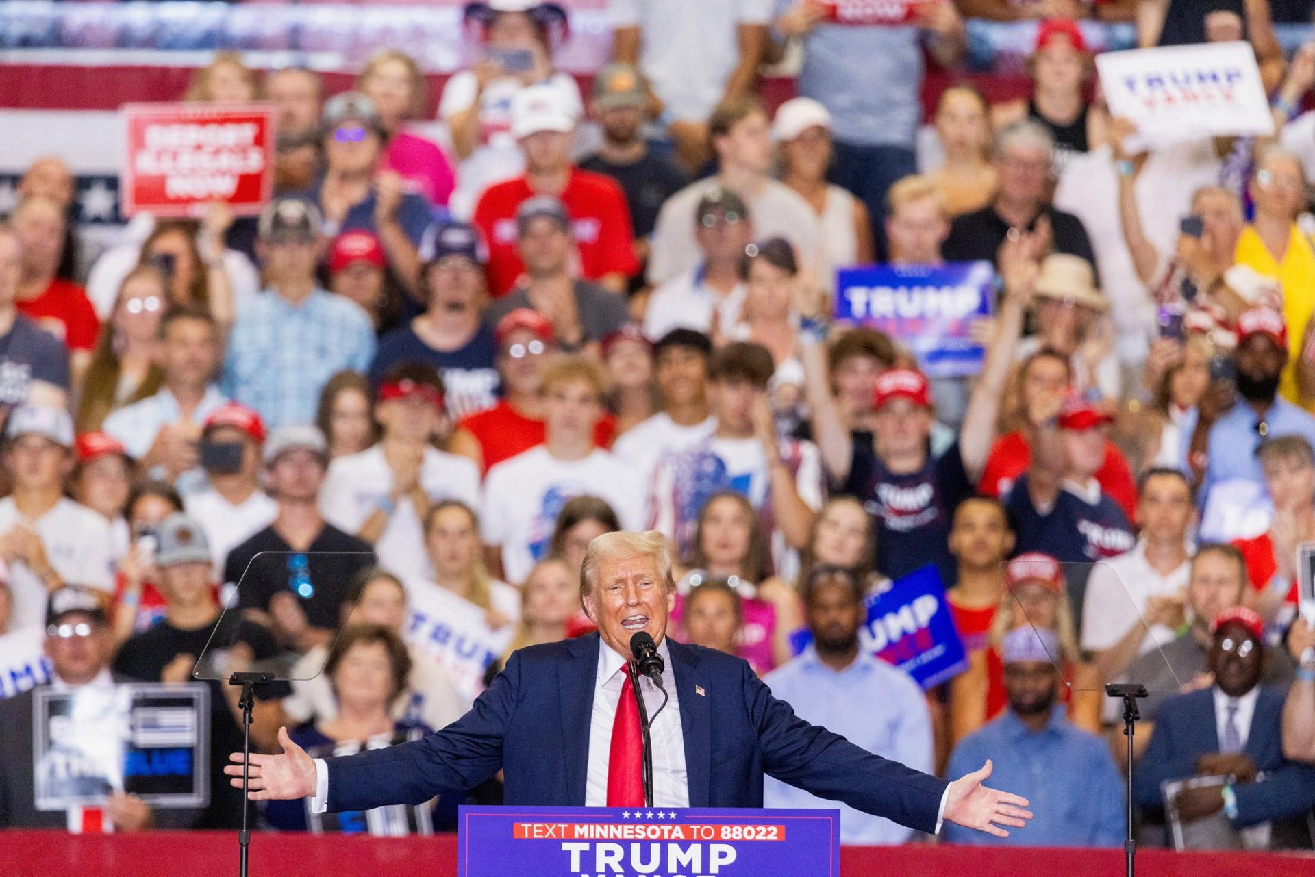 Republican presidential nominee and former U.S. President Donald Trump speaks during a rally in St. Cloud, Minnesota, U.S. July 27, 2024.