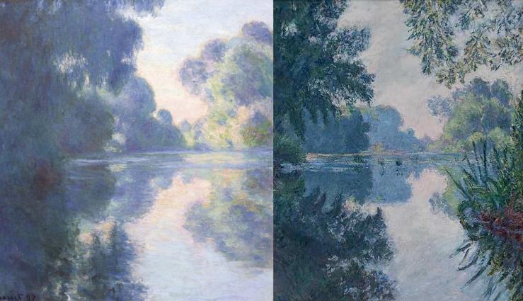 A side-by-side of Claude Monet’s “Morning on the Seine near Giverny,” (1897) and Blanche Hoschedé-Monet’s “Morning on the Seine” (1896).