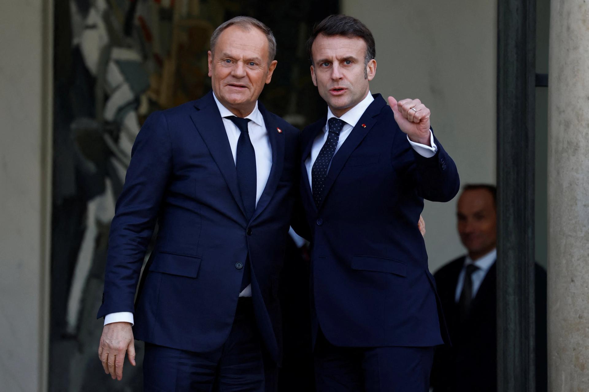 French President Emmanuel Macron welcomes Poland’s Prime Minister Donald Tusk.