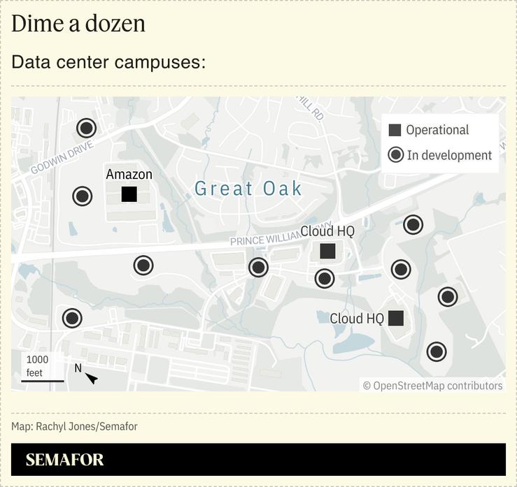 A map showing data center campuses in Great Oak, Manassas.