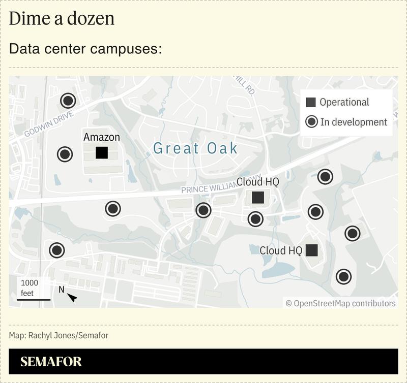 A map showing data center campuses in Great Oak, Manassas.