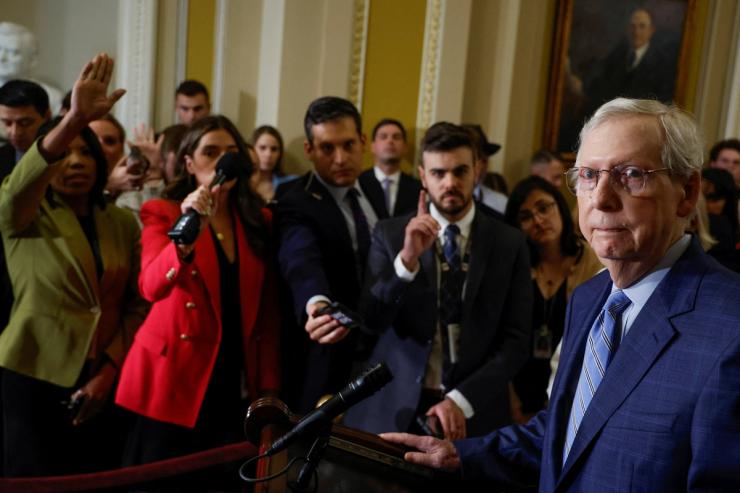 U.S. Senate Minority Leader Mitch McConnell holds a press conference July 19, 2023.