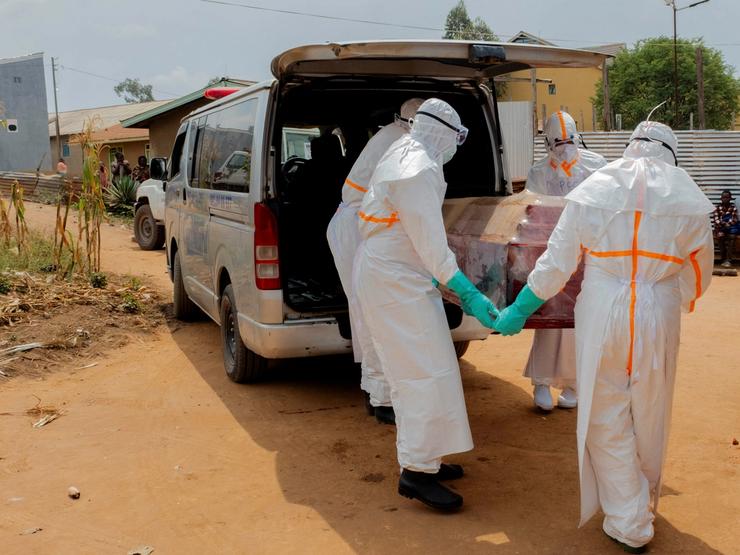 Members of the Civil Protection, a local community-based team that works to help mitigate the spread of the Ebola virus.