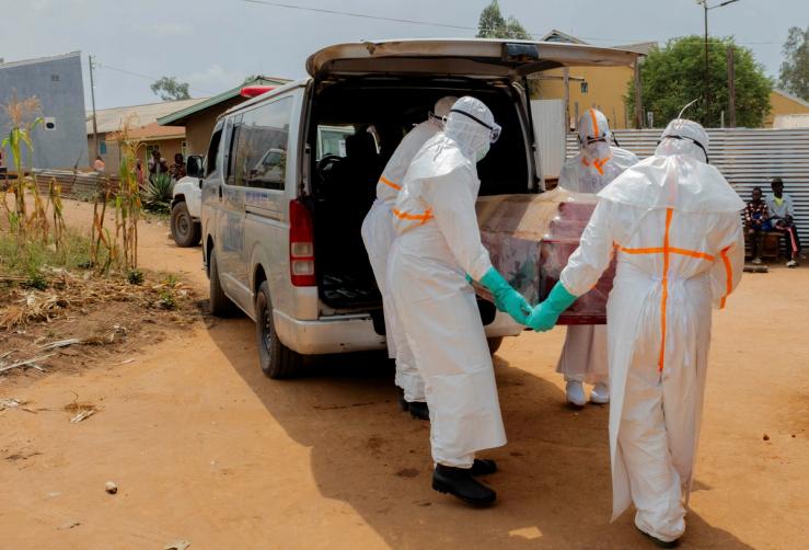 Members of the Civil Protection, a local community-based team that works to help mitigate the spread of the Ebola virus.
