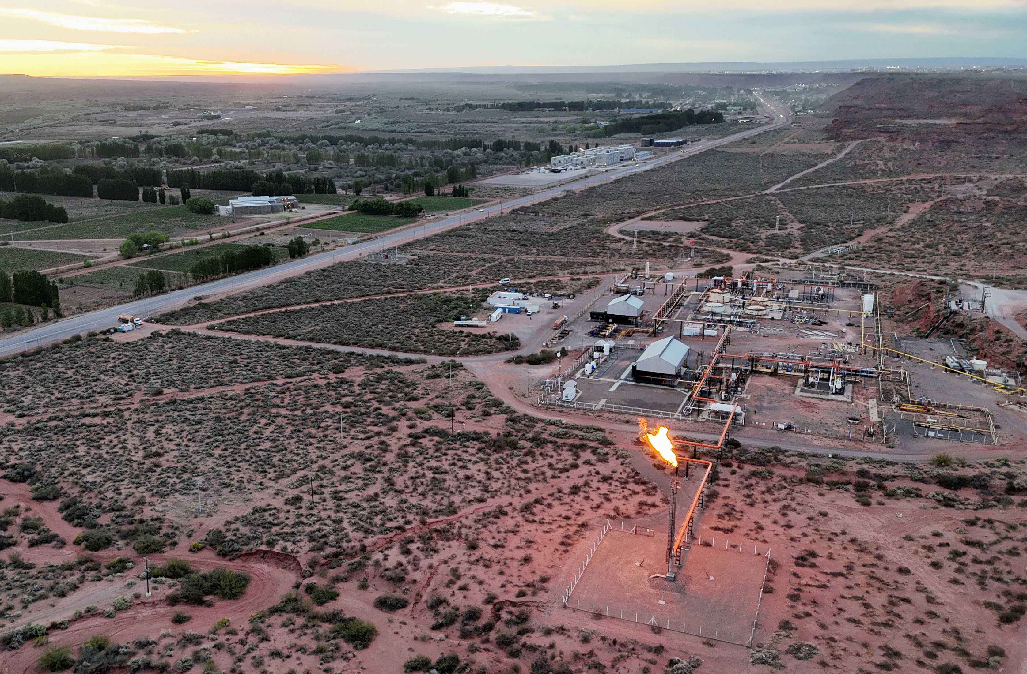 A drone view of a shale gas flare in Vaca Muerta. 