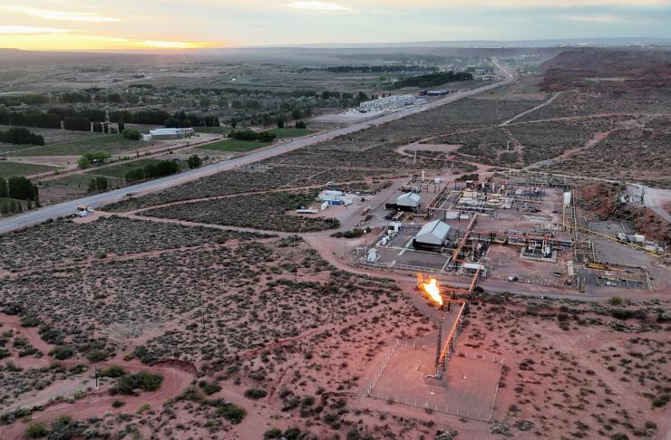 A drone view of a shale gas flare in Vaca Muerta.