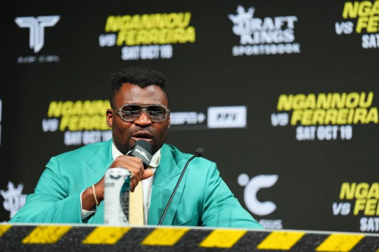 Francis Ngannou speaks during the Battle of the Giants press conference at The Anthem on Aug. 22, 2024, in Washington, DC.