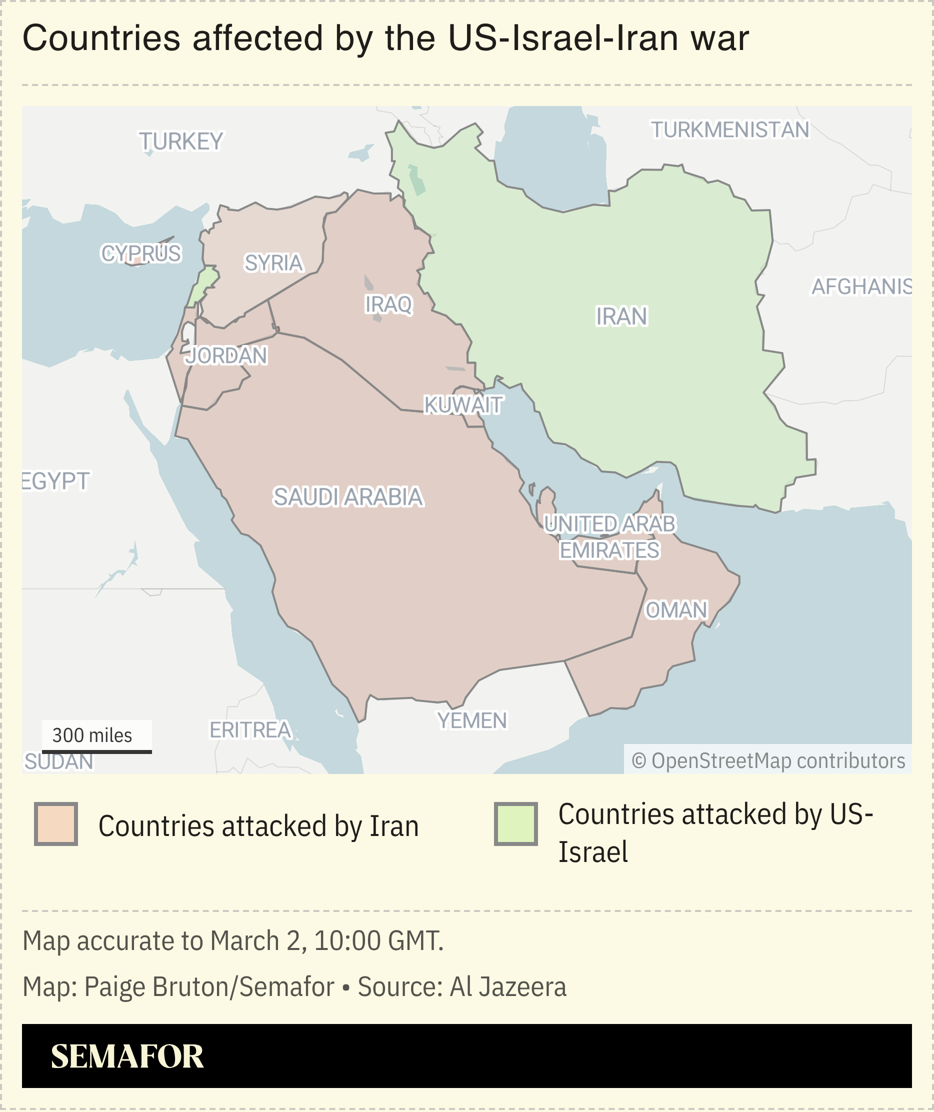 Un mapa que muestra los países afectados por la guerra entre Estados Unidos, Israel e Irán.
