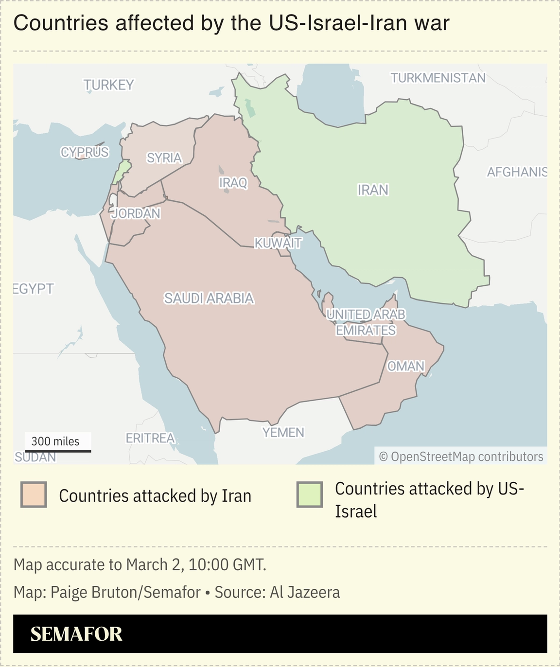 A map showing the countries affected by the US-Israel and Iran war.