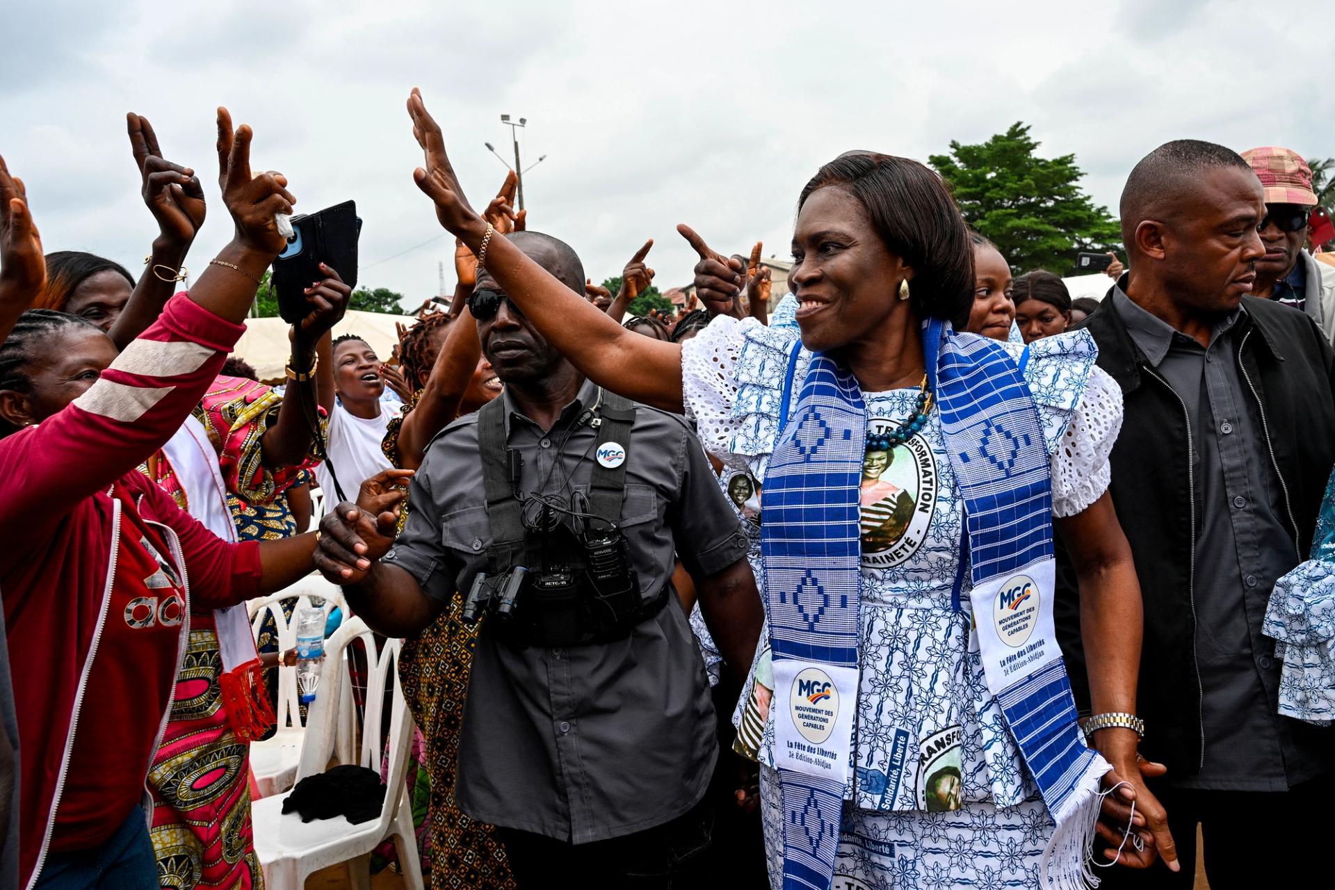 Simone Gbagbo, former First Lady of Côte d’Ivoire and president of the Mouvement des Generations Capable, greets her supporters at a rally in Abidjan on July 5, 2025.