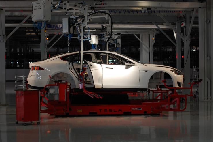 A photo of the Tesla factory in Fremont, California.