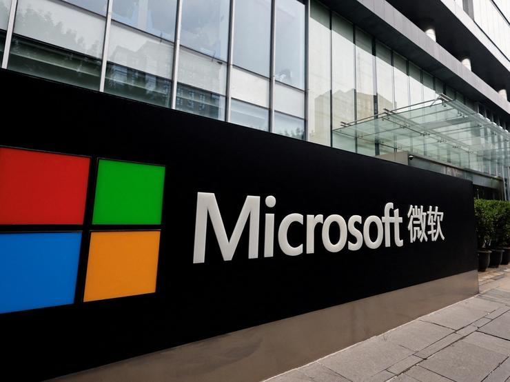 A sign of Microsoft on an office building in Beijing, China