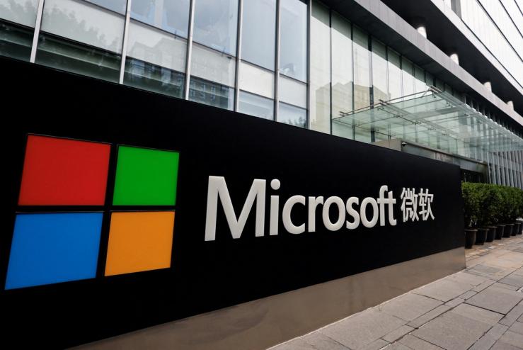 A sign of Microsoft on an office building in Beijing, China
