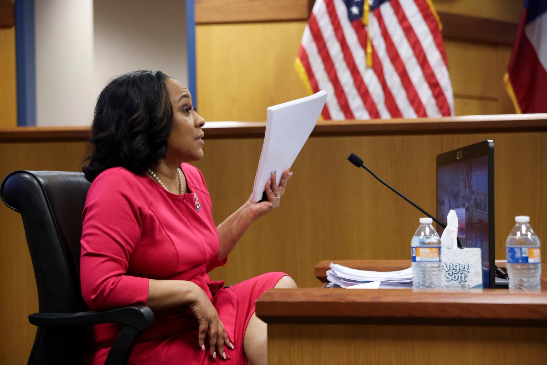 Fulton County District Attorney Fani Willis testifies during a hearing in the case of the State of Georgia v. Donald John Trump at the Fulton County Courthouse on Feb. 15, 2024 in Atlanta, Ga..