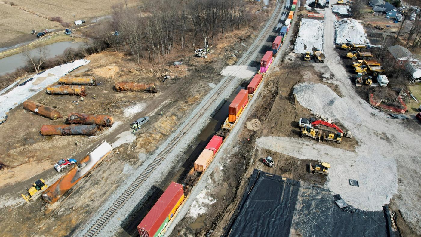 General view of the site of the derailment of a train carrying hazardous waste, in East Palestine, Ohio, U.S., March 2, 2023. REUTERS/Alan Freed/File Photo