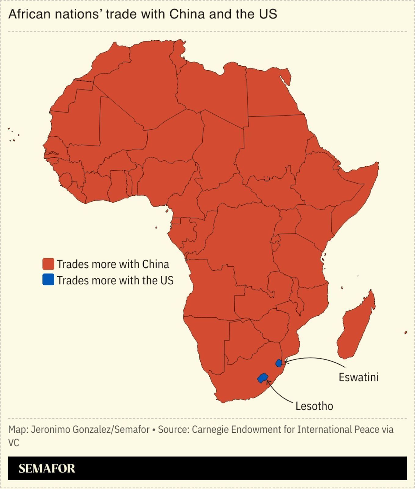 A map showing African nations’ trade with China and the US.